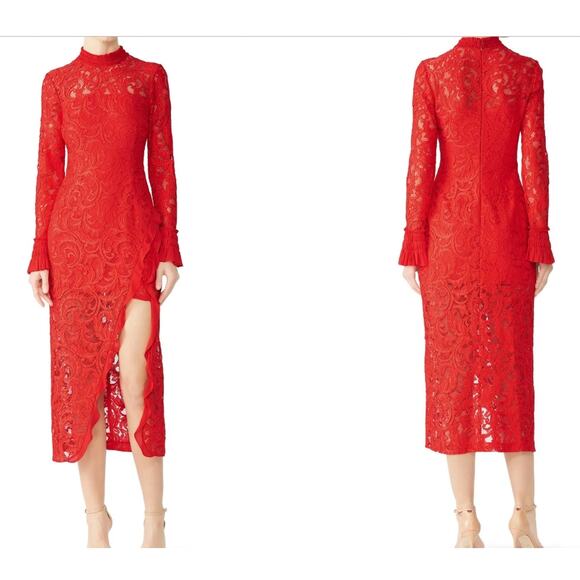 Alexis Red Fala Lace Sheath long sleeve cocktail formal Midi dress L - Picture 1 of 11
